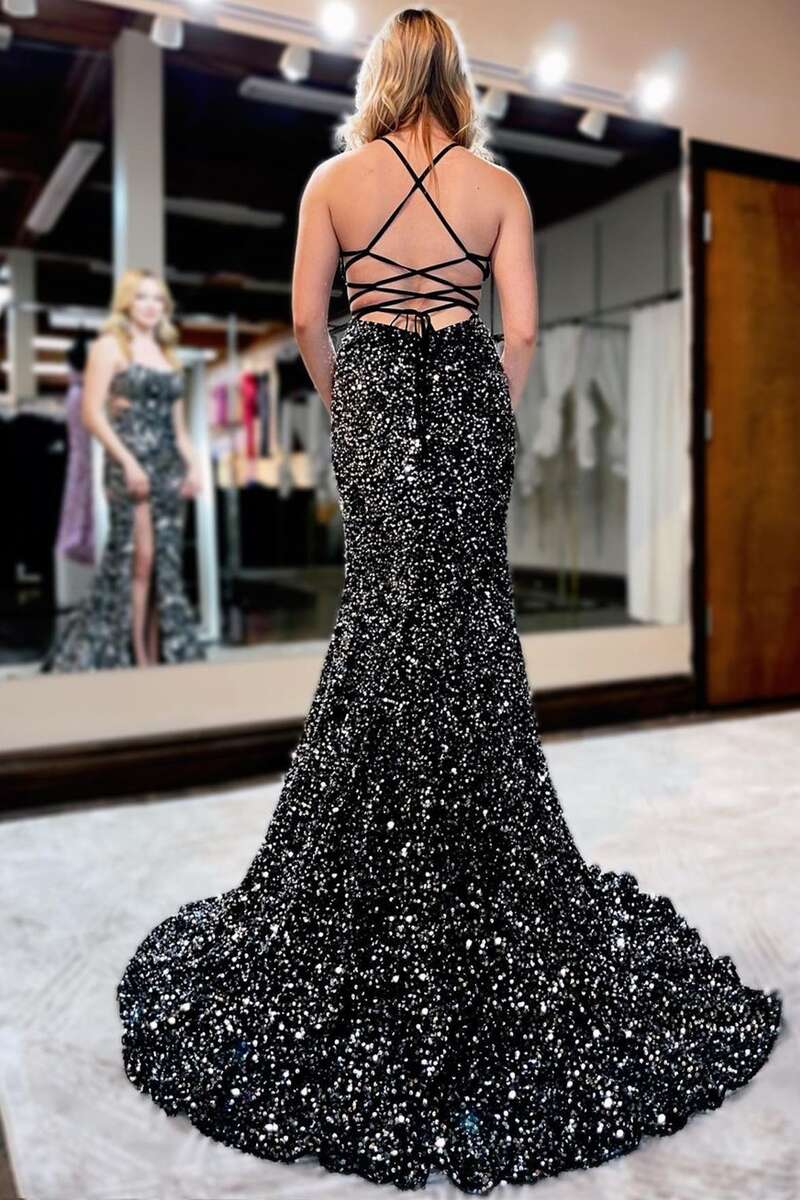 Spaghetti Straps Lace Appliques Side Slit Black Long Prom Dress QP2638 –  SQOSA